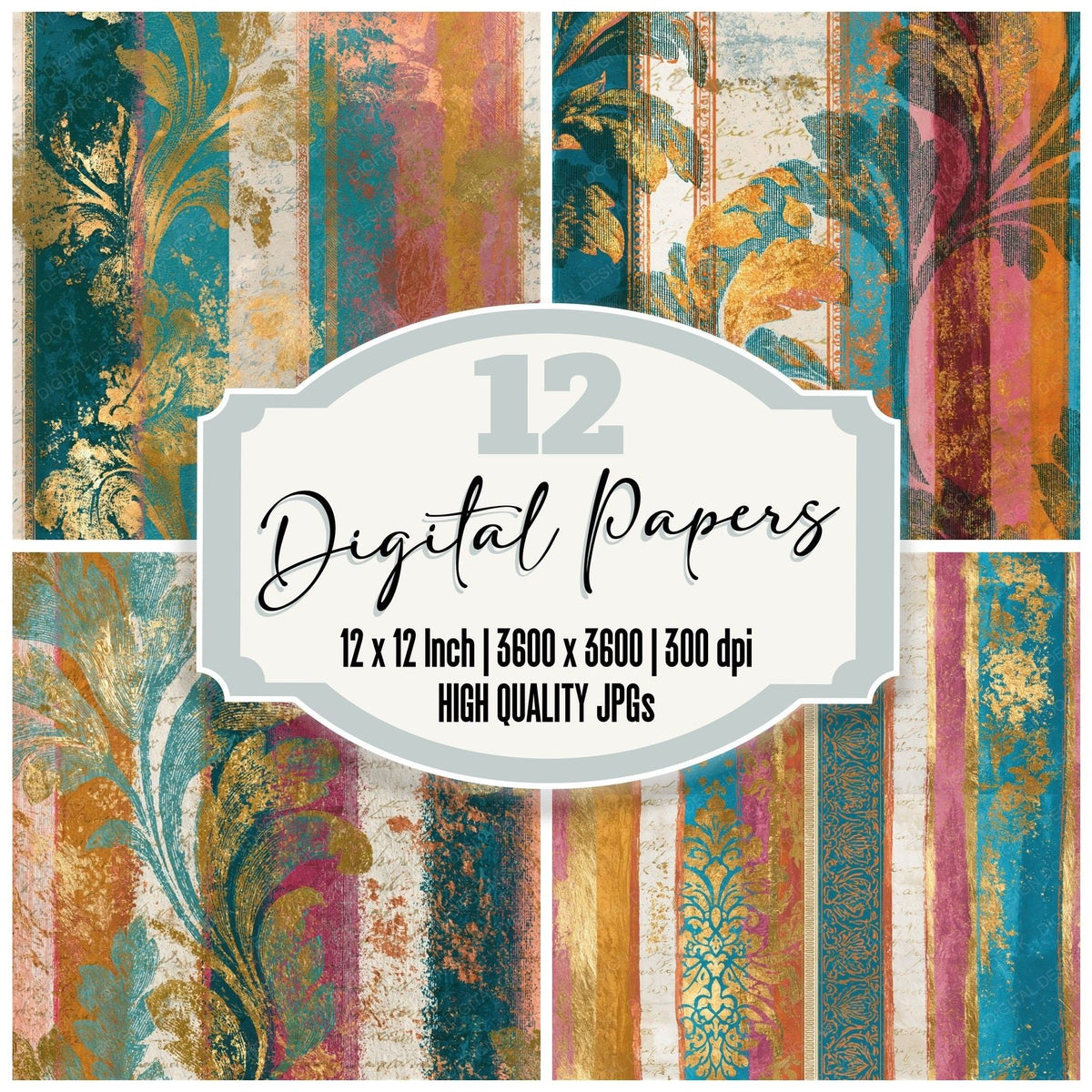 Victorian Gold Leaf Turquoise Pink Seamless Digital Paper Pack (DDD018343)