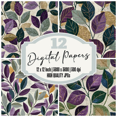 Embroidery Leaves Lilac Sage Oat digital paper pack cover showing four of the 12 papers