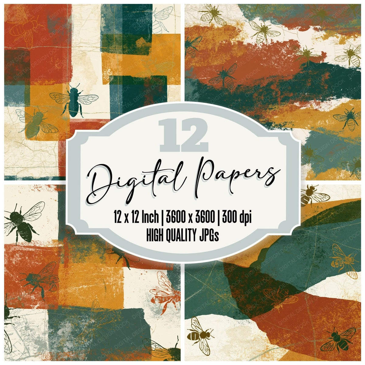 Screenprint Bee Outlines Rust Ochre Forest Digital Paper Pack (DDD018381)