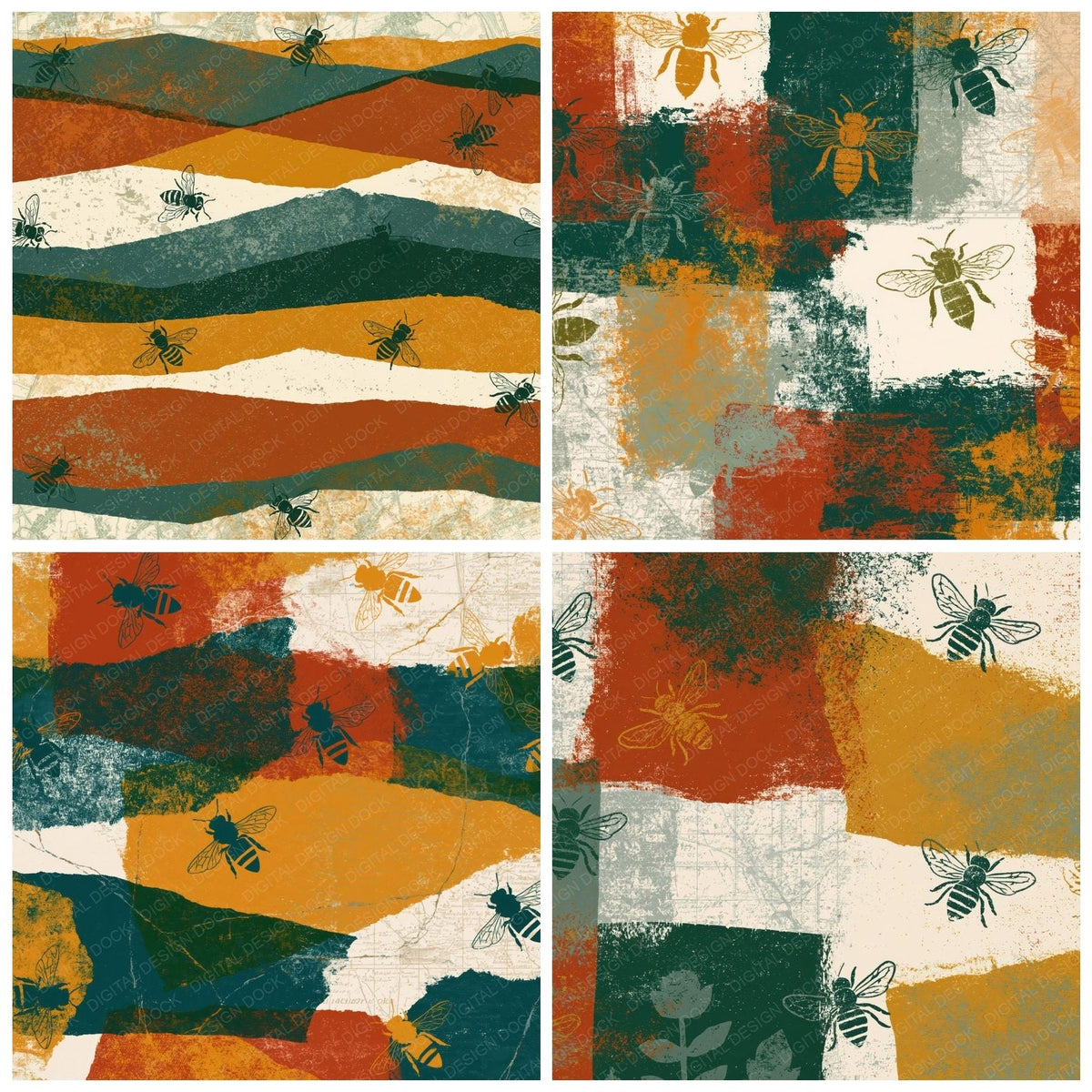 Screenprint Bee Outlines Rust Ochre Forest Digital Paper Pack (DDD018381)