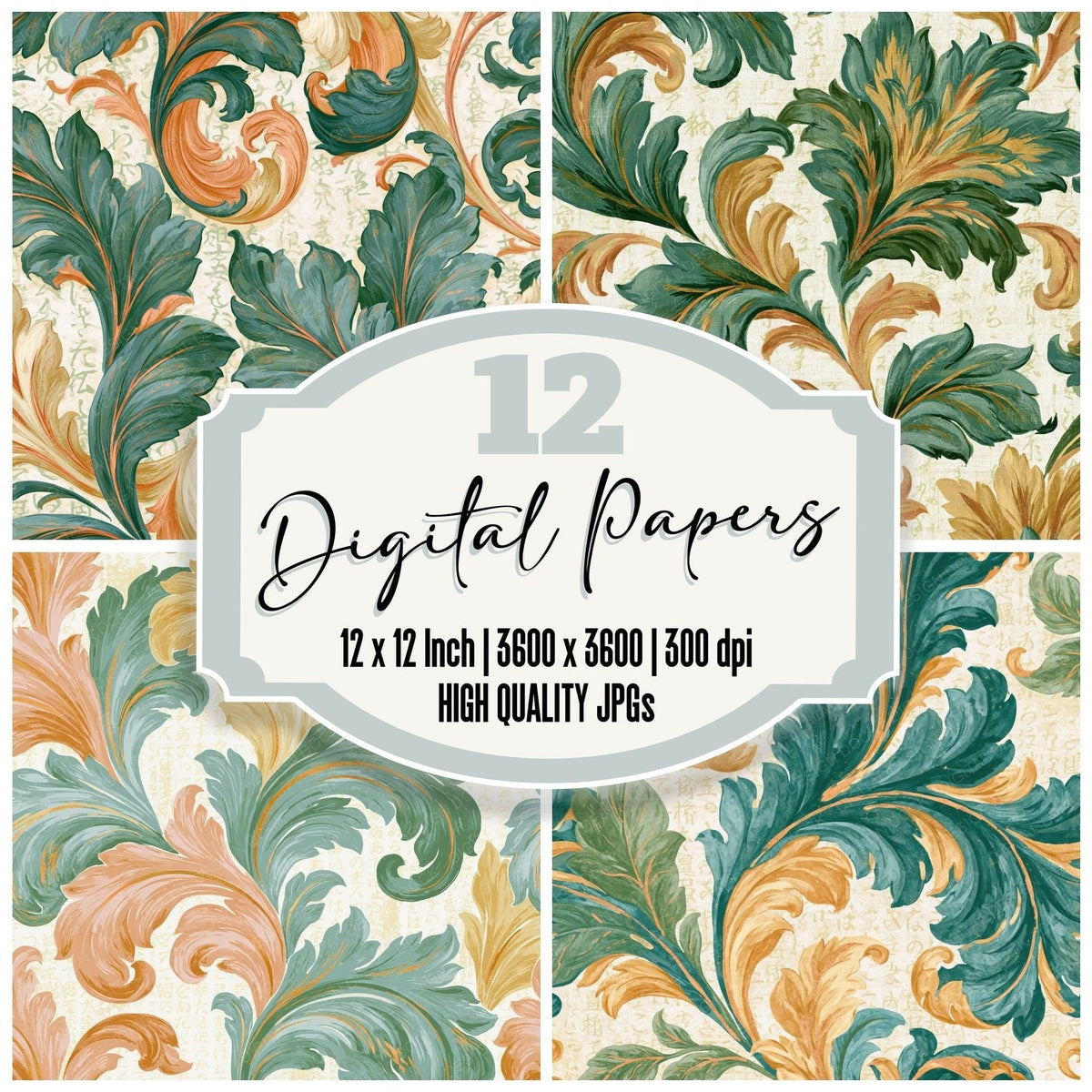 Baroque Bee Outlines Green Ivory Digital Paper Pack (DDD018387)