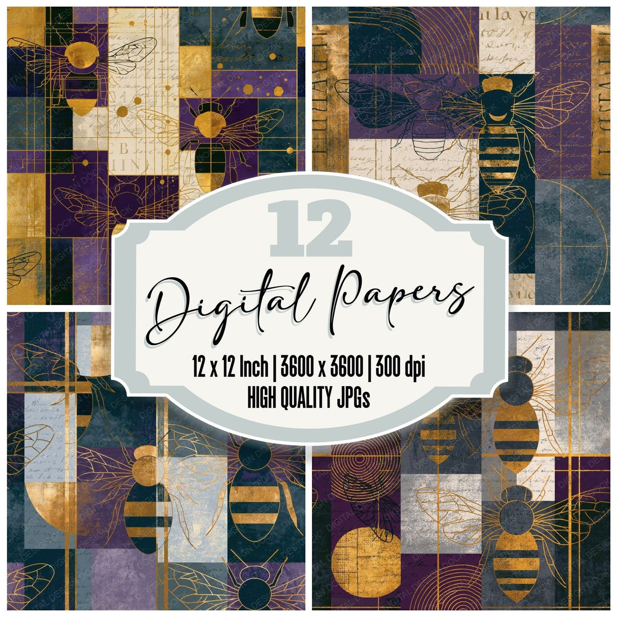 Bauhaus Bee Outlines Grey Violet Seamless Digital Paper Pack (DDD018388)