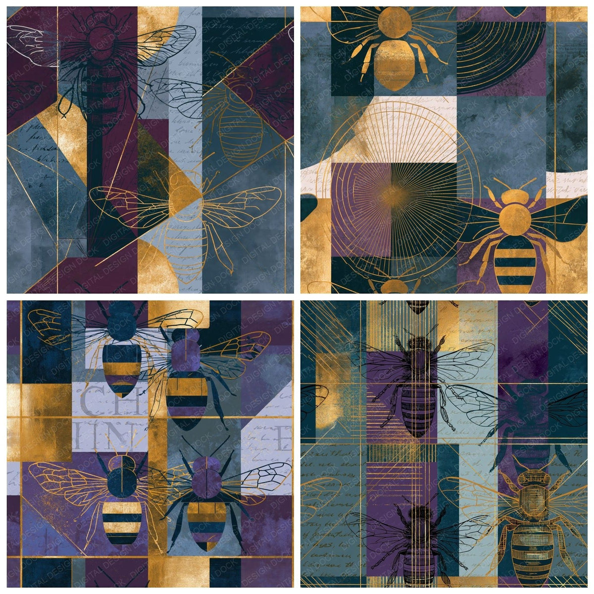 Bauhaus Bee Outlines Grey Violet Seamless Digital Paper Pack (DDD018388)