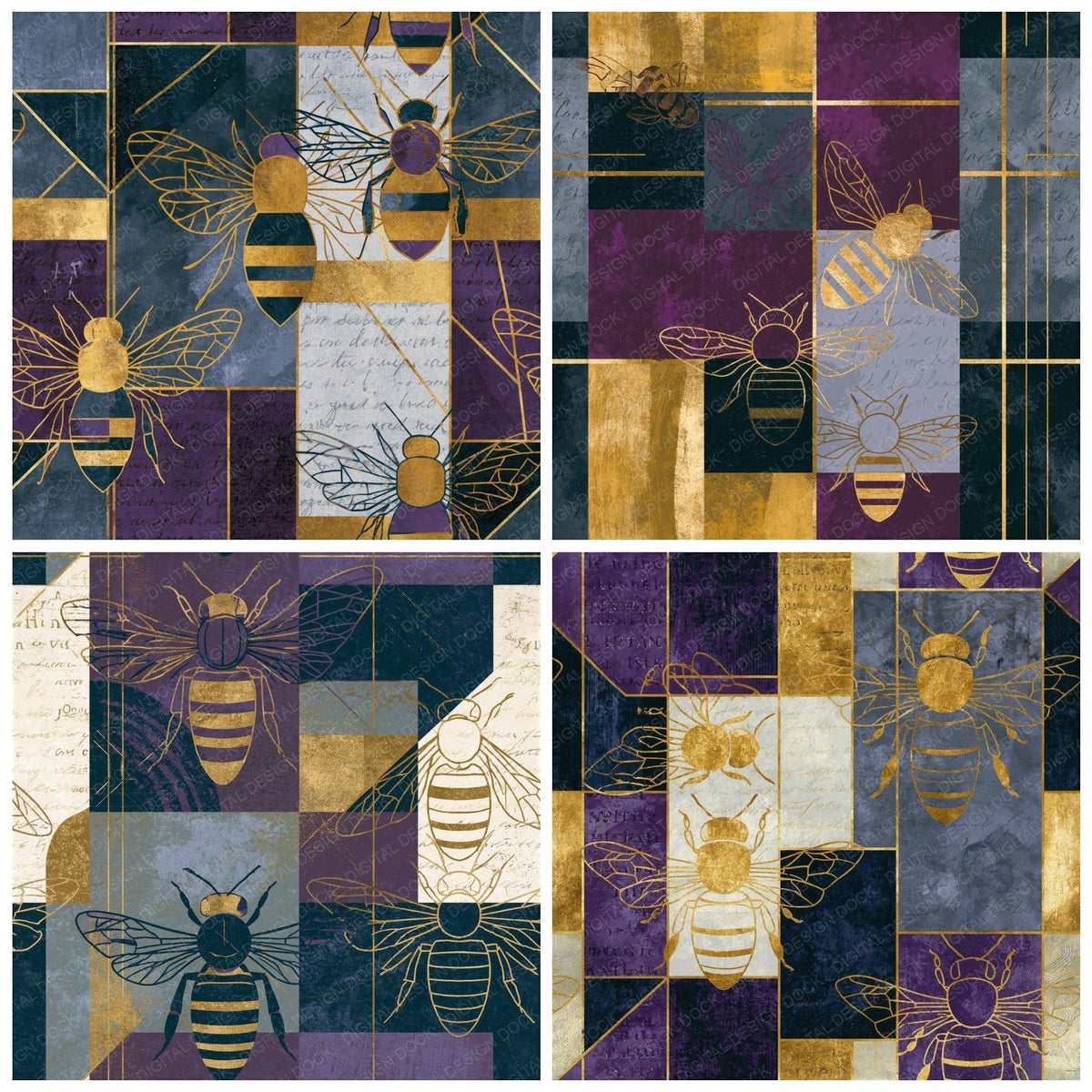 Bauhaus Bee Outlines Grey Violet Seamless Digital Paper Pack (DDD018388)