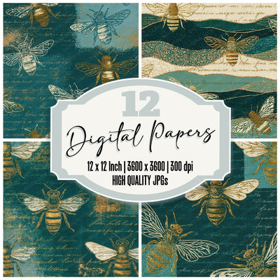 Embroidery Bee Outlines Jade Aqua digital paper pack cover showing four of the 12 papers