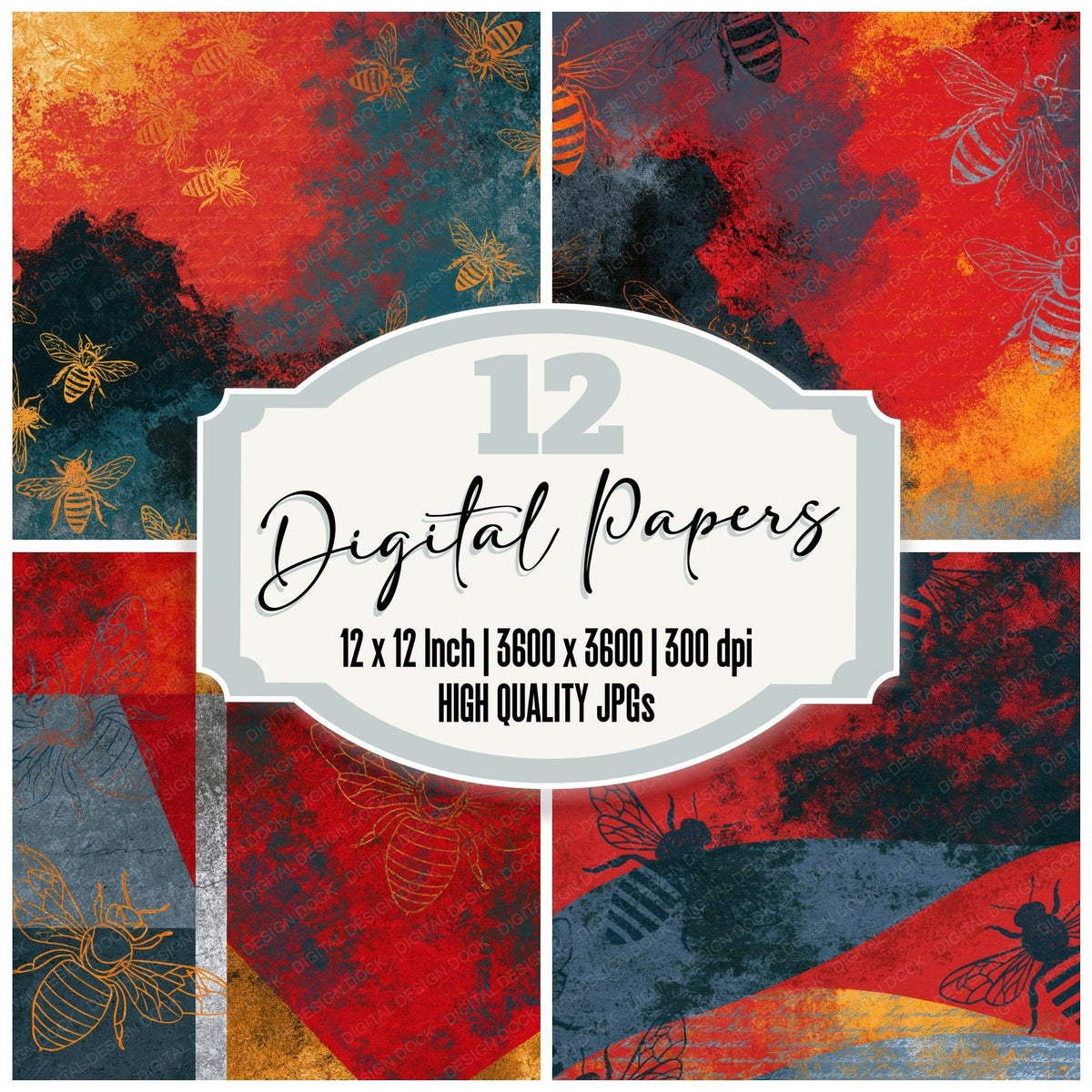 Vintage Bee Outlines Ember Texture Digital Paper Pack (DDD018404)