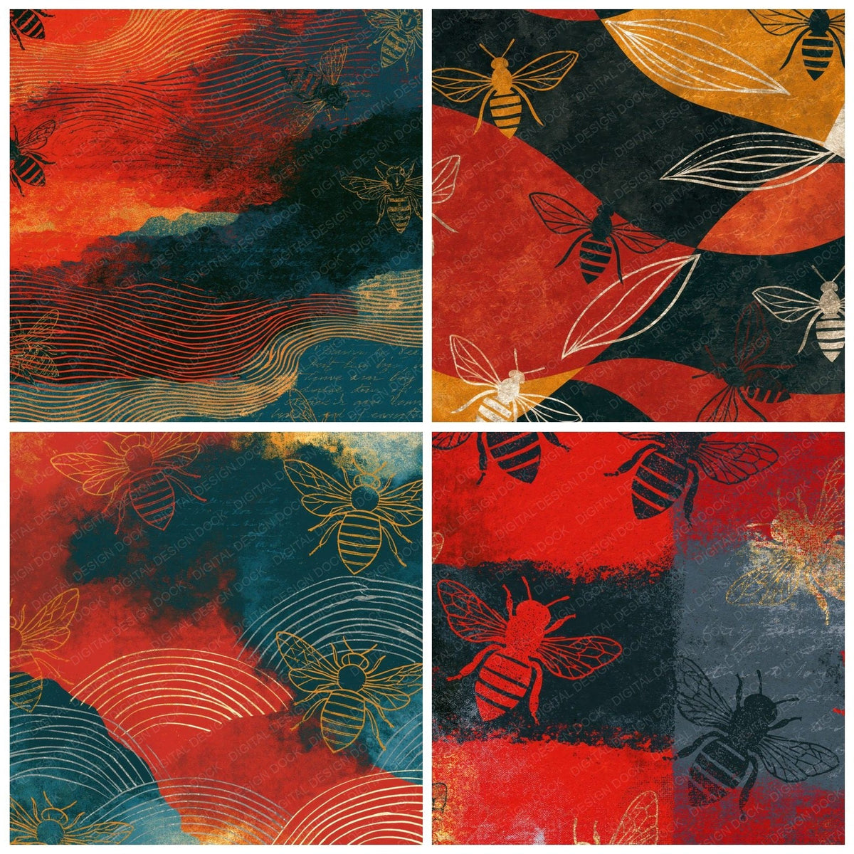 Vintage Bee Outlines Ember Texture Digital Paper Pack (DDD018404)