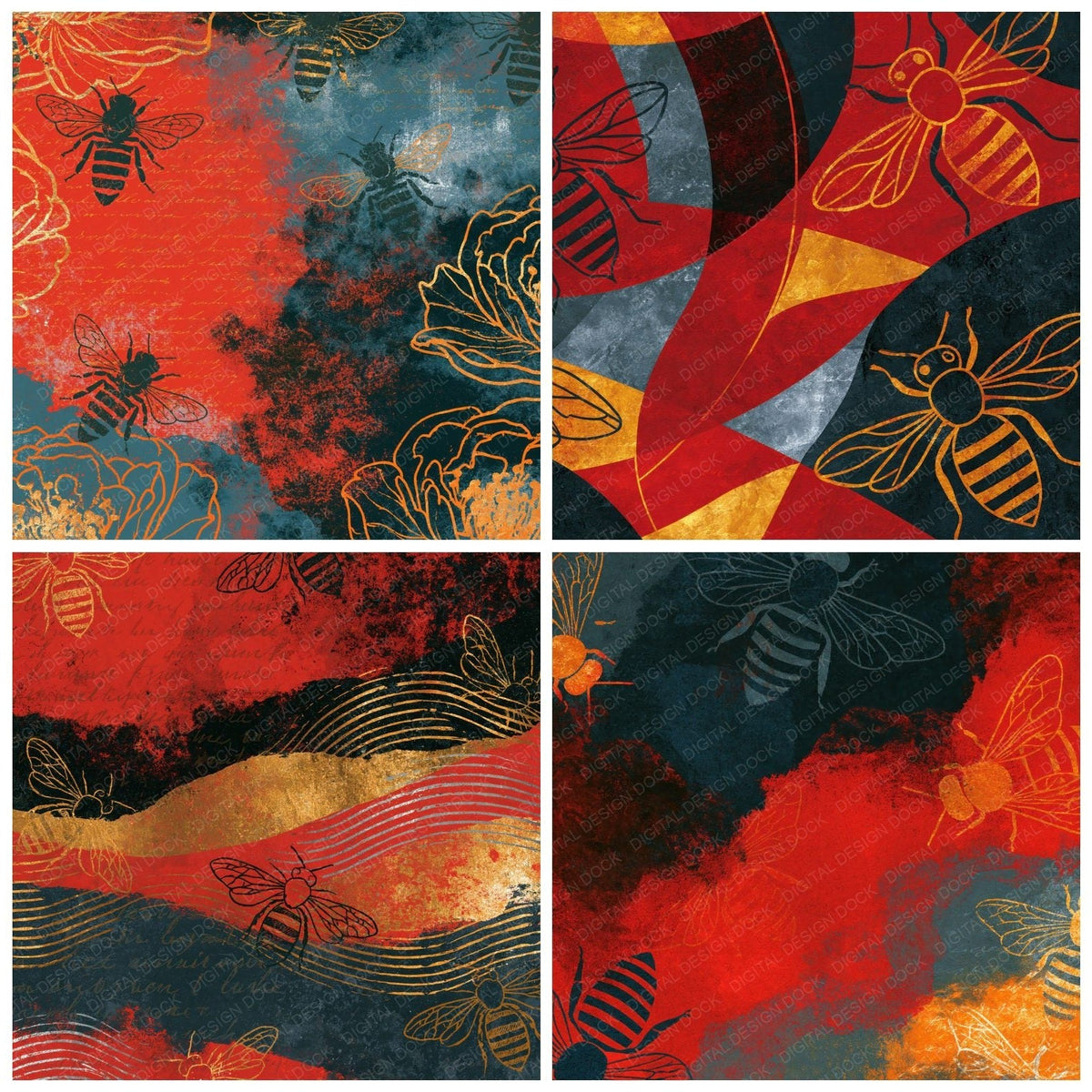 Vintage Bee Outlines Ember Texture Digital Paper Pack (DDD018404)