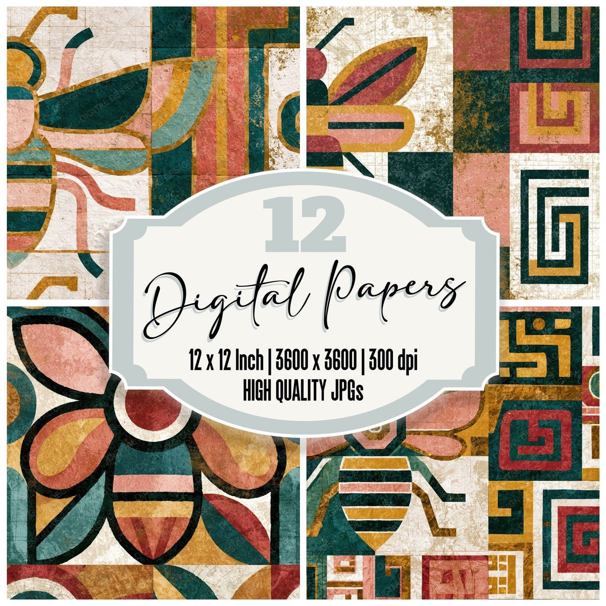 Aztec Bee Outlines Blush Sage Digital Paper Pack (DDD018406)