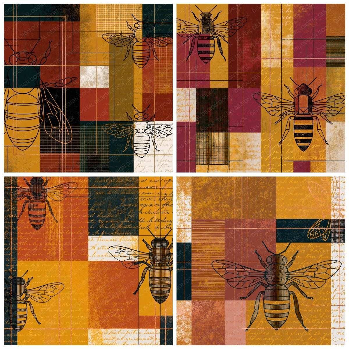 Bauhaus Bee Outlines Caramel Gold Digital Paper Pack (DDD018407)