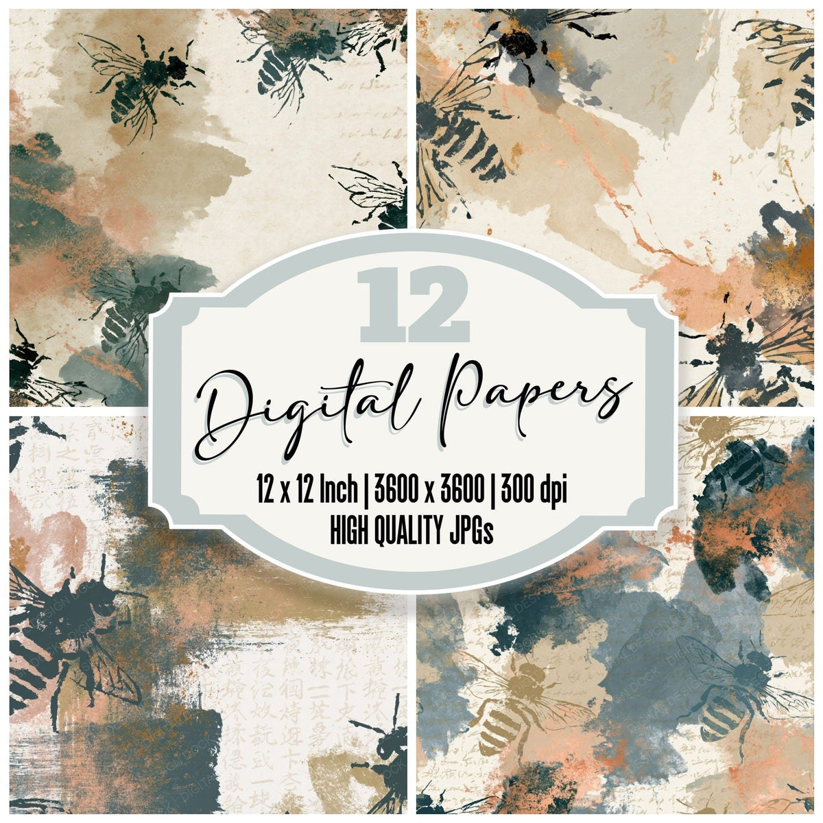 Chinese Ink Bee Outlines Slate Sand Digital Paper Pack (DDD018408)