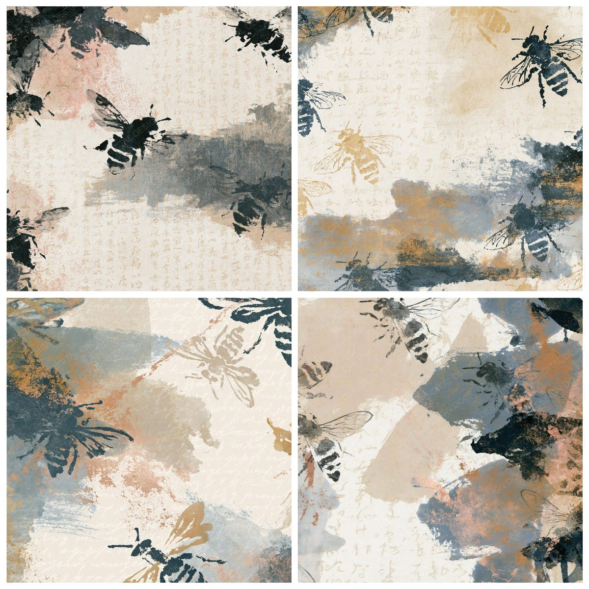 Chinese Ink Bee Outlines Slate Sand Digital Paper Pack (DDD018408)