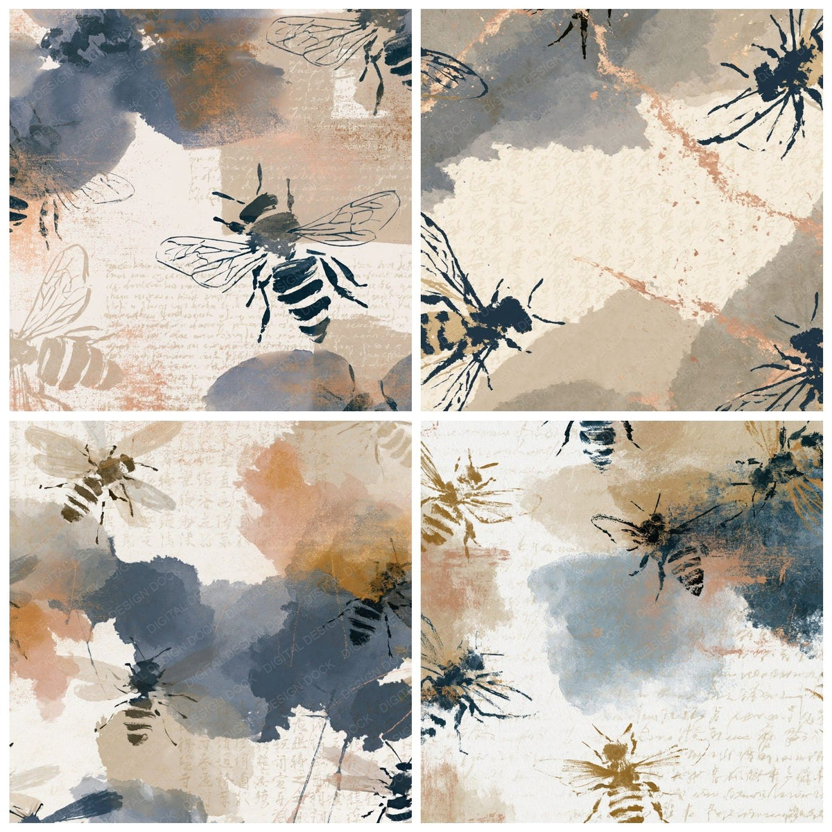 Chinese Ink Bee Outlines Slate Sand Digital Paper Pack (DDD018408)