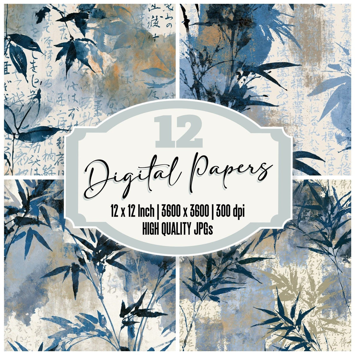 Chinese Ink Leaf Outlines Sapphire Ivory Digital Paper Pack (DDD018409)