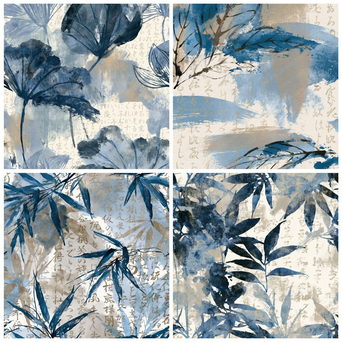 Chinese Ink Leaf Outlines Sapphire Ivory Digital Paper Pack (DDD018409)