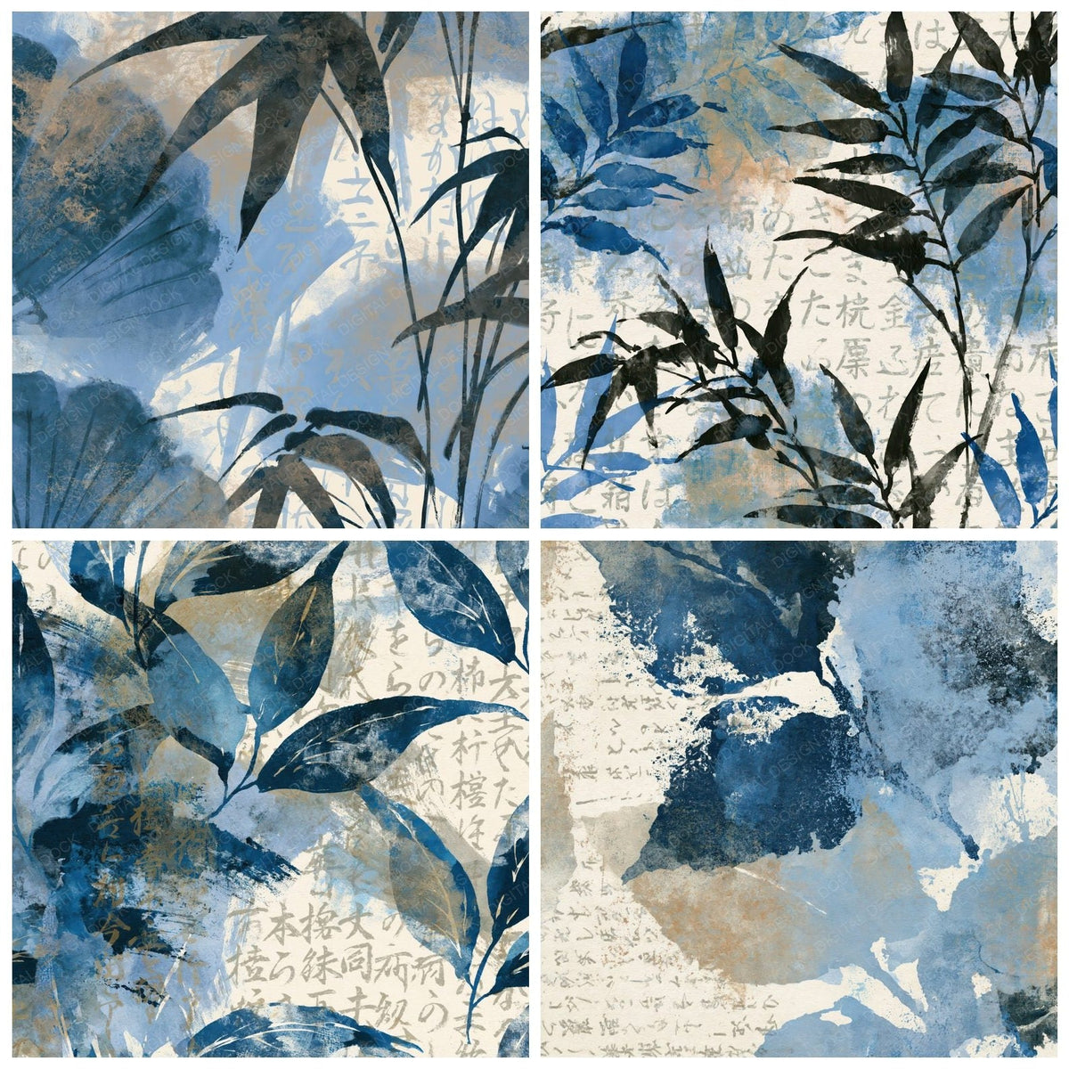 Chinese Ink Leaf Outlines Sapphire Ivory Digital Paper Pack (DDD018409)