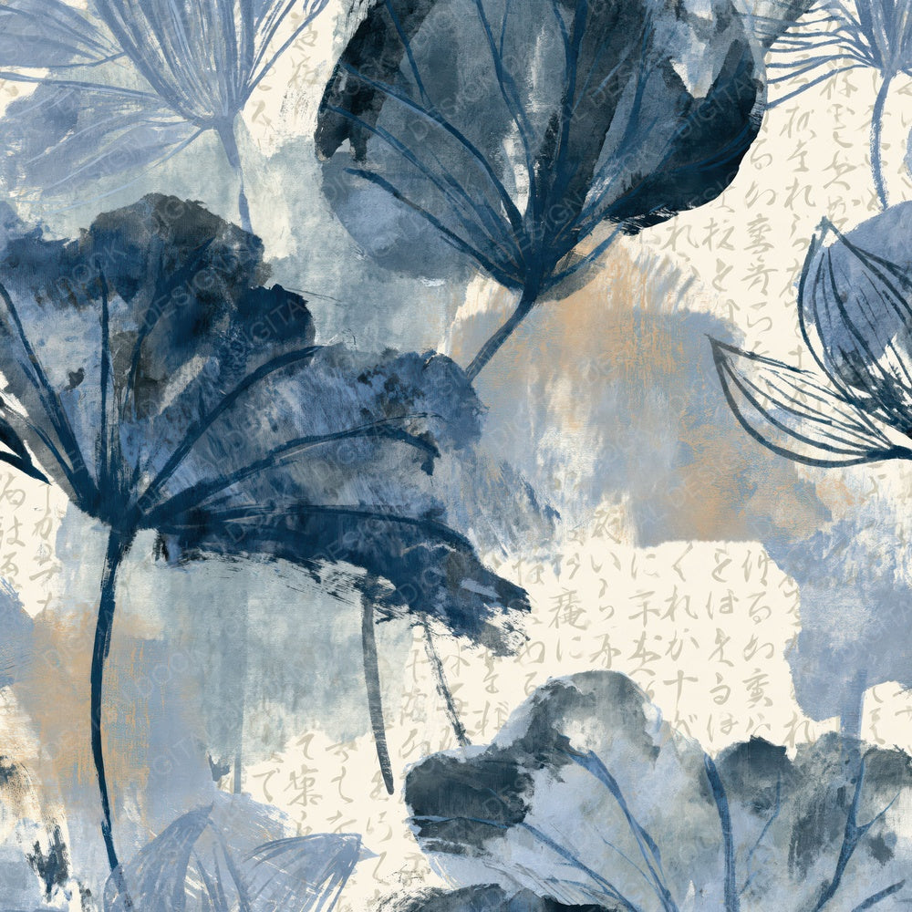 Chinese Ink Leaf Outlines Sapphire Ivory Digital Paper Pack (DDD018409)