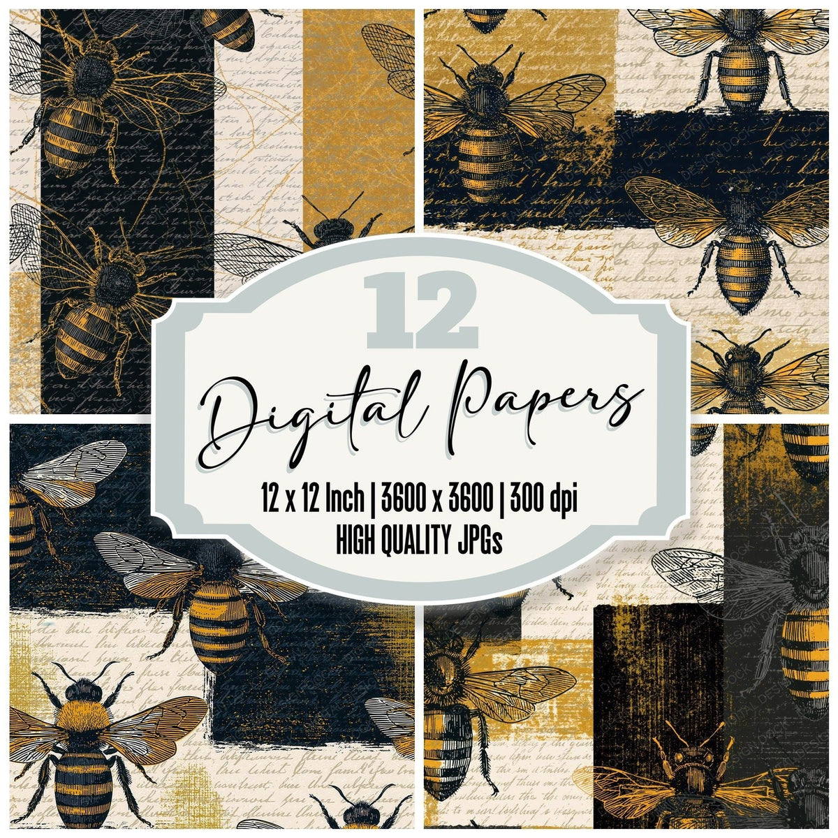 Engraving Bee Outlines Cream Black Mustard Digital Paper Pack (DDD018412)