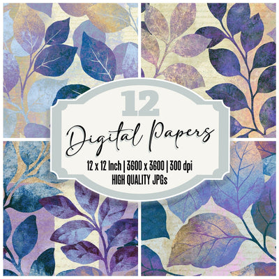 Egg Tempera Leaf Outlines Pearl Lilac digital paper pack cover showing four of the 12 papers