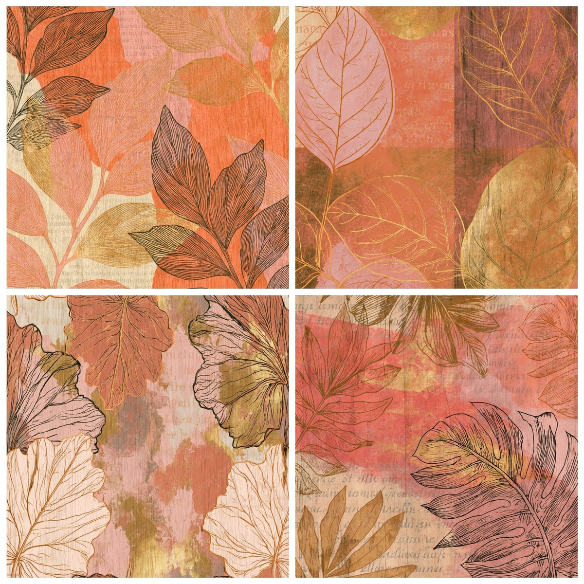 Pyrography Leaf Outlines Coral Gold Dusty Pink Digital Paper Pack (DDD018436)