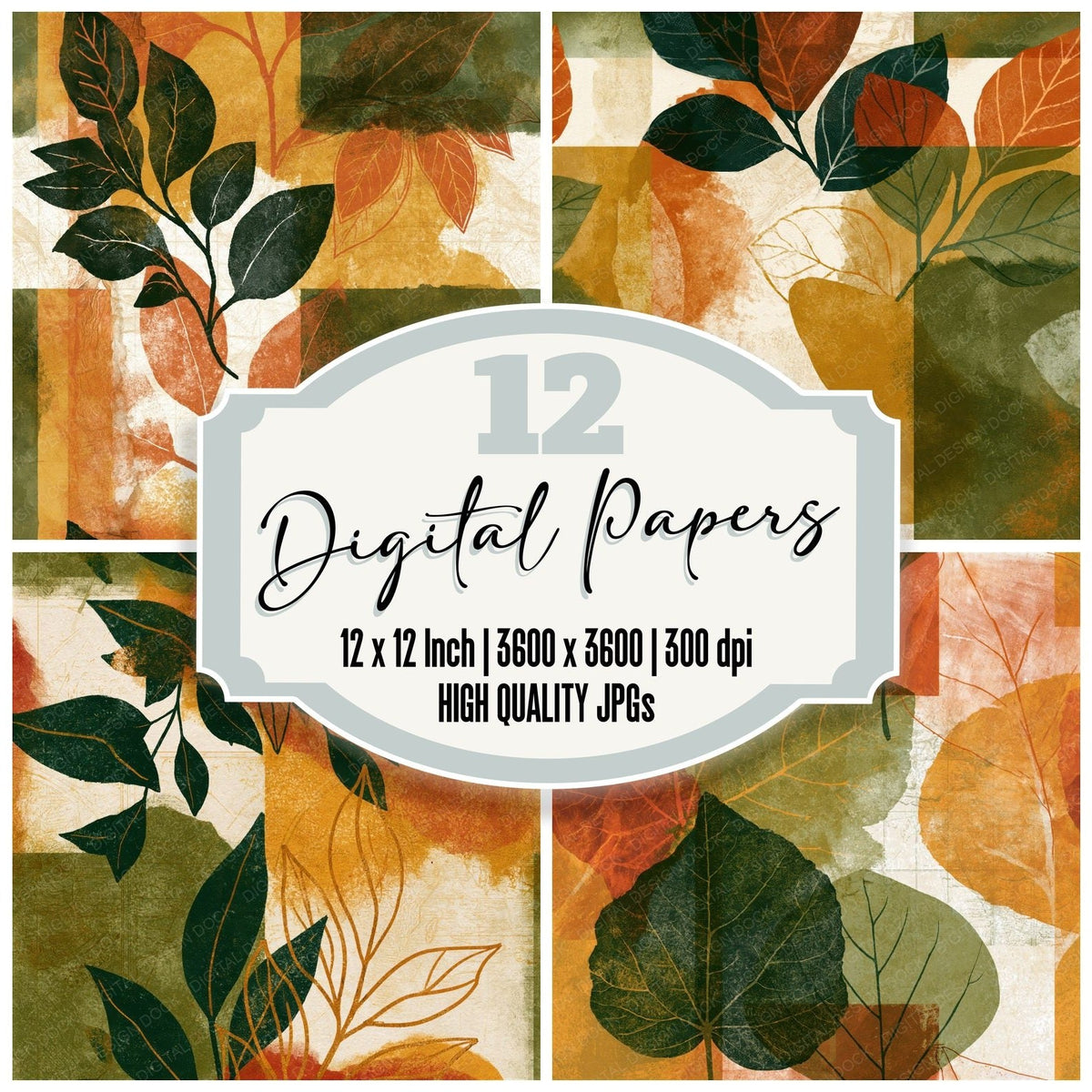 Salt Print Leaf Outlines Olive Ochre Seamless Digital Paper Pack (DDD018439)
