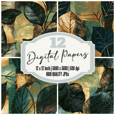 Comic Book Leaf Outlines Espresso Pistachio Seamless digital paper pack cover showing four of the 12 papers