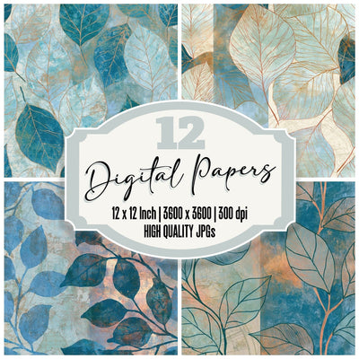Egg Tempera Leaf Outlines Seafoam Blue digital paper pack cover showing four of the 12 papers