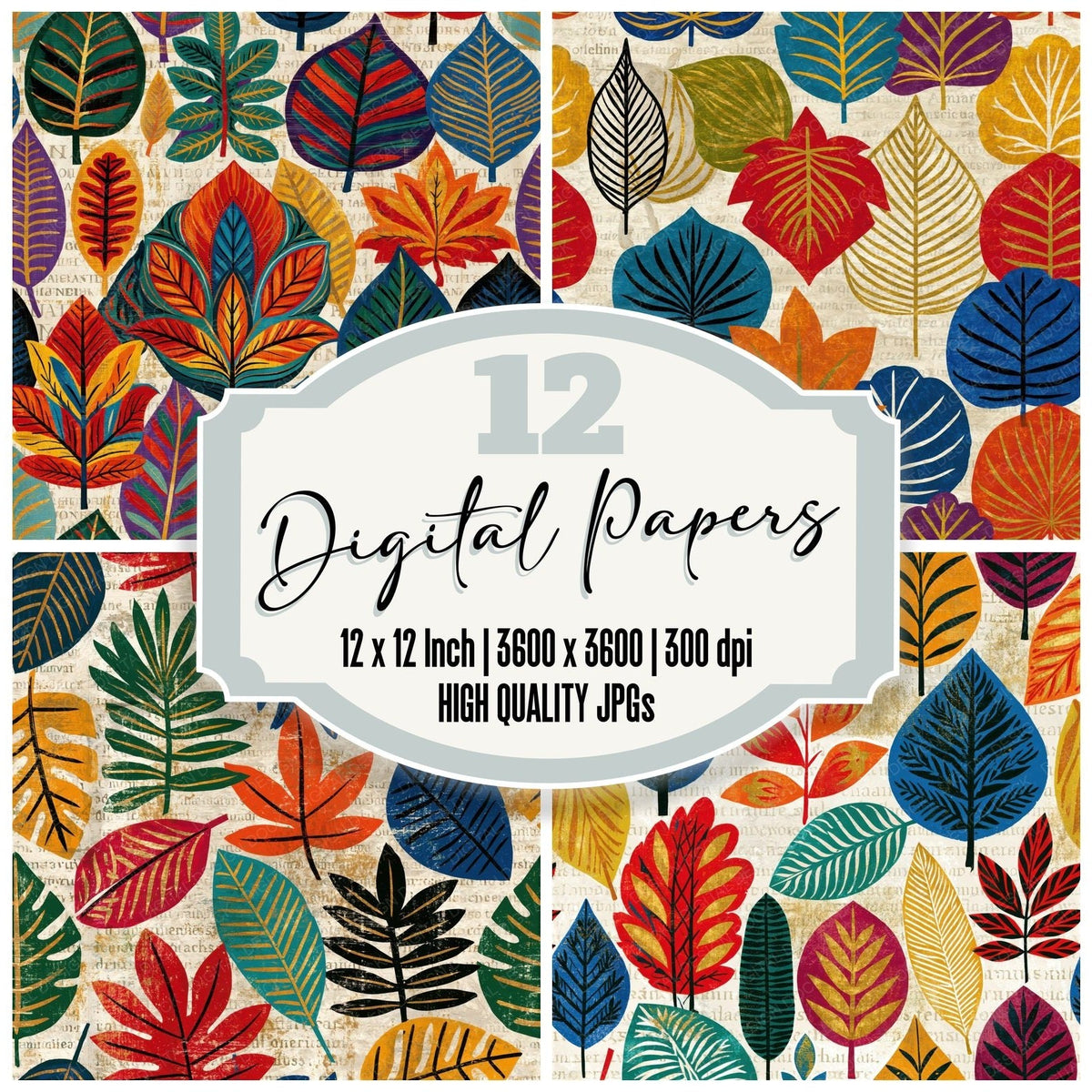 Mexican Folk Leaf Outlines Bone Black Seamless Digital Paper Pack (DDD018474)