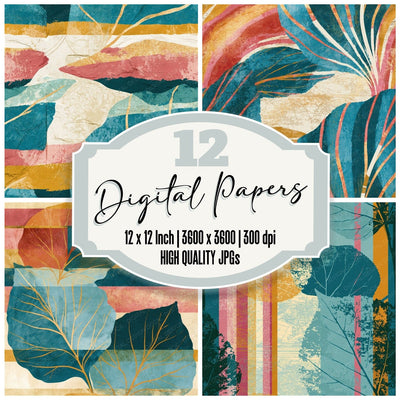 Colour Field Leaf Outlines Turquoise Pink Seamless digital paper pack cover showing four of the 12 papers