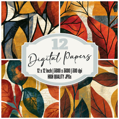 Comic Book Leaf Outlines Terracotta Mustard Seamless digital paper pack cover showing four of the 12 papers