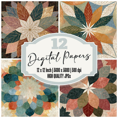 Mandala Leaf Outlines Rust Moss Ivory digital paper pack cover showing four of the 12 papers