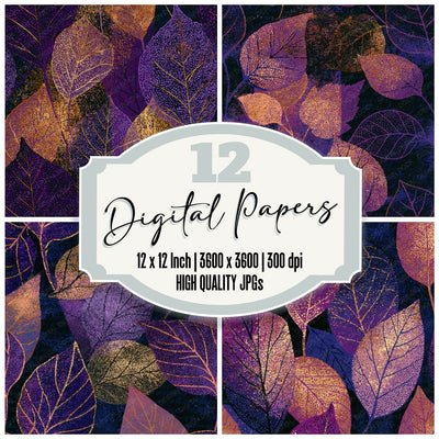 Pointillist Leaf Outlines Mauve Plum Seamless digital paper pack cover showing four of the 12 papers