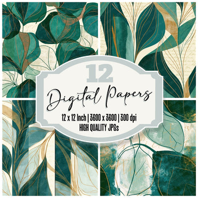Scandinavian Leaf Outlines Malachite Teal Seamless digital paper pack cover showing four of the 12 papers