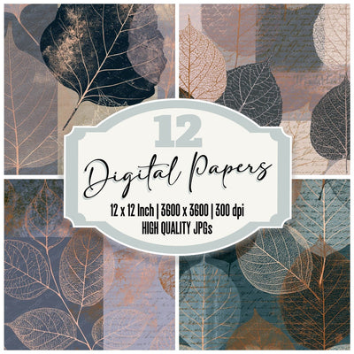 Scientific Leaf Outlines Stone Bone digital paper pack cover showing four of the 12 papers