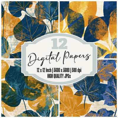 Screenprint Leaf Outlines Gold Cobalt Abstract digital paper pack cover showing four of the 12 papers