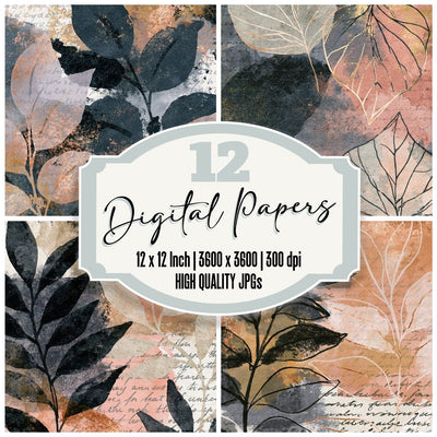 Sumi-e Leaf Outlines Gunmetal Pearl Abstract digital paper pack cover showing four of the 12 papers