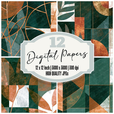 Suprematist Leaf Outlines Jade Copper Abstract digital paper pack cover showing four of the 12 papers