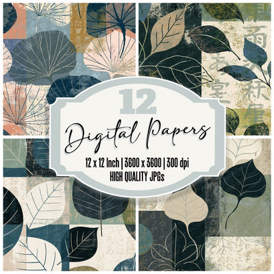 Vintage Leaf Outlines Gunmetal Pearl digital paper pack cover showing four of the 12 papers