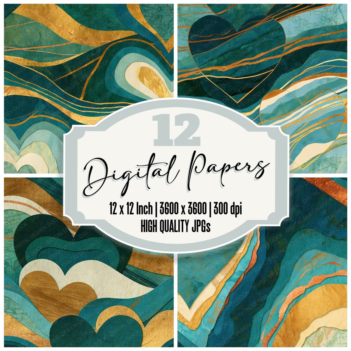 Papercut Hearts Jade Aqua Abstract Digital Paper Pack (DDD018515)
