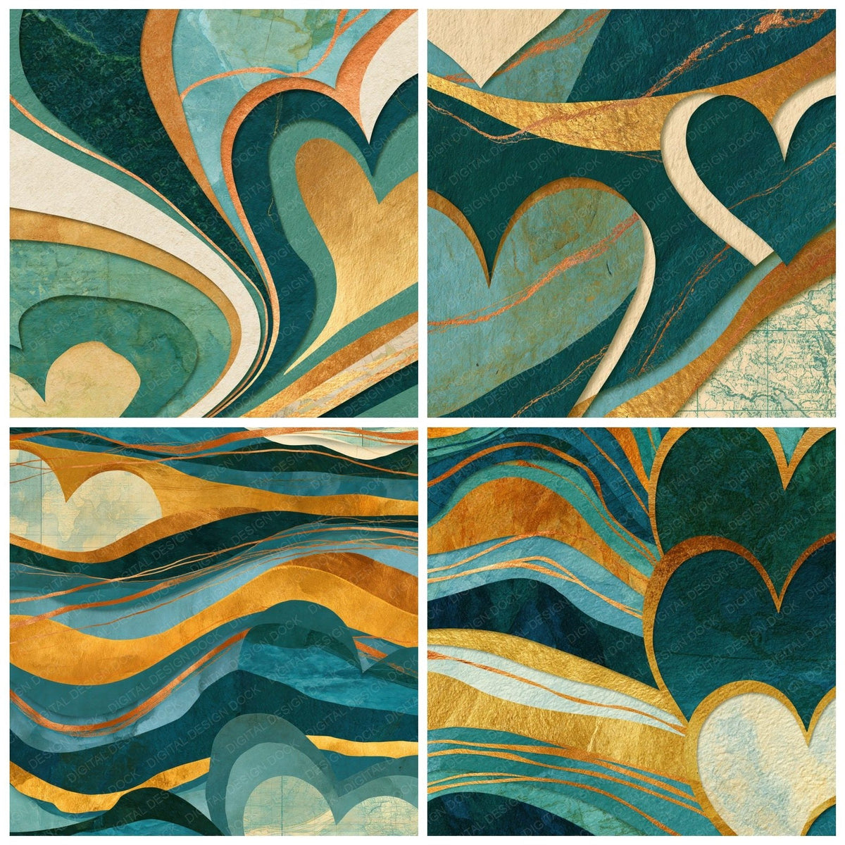 Papercut Hearts Jade Aqua Abstract Digital Paper Pack (DDD018515)