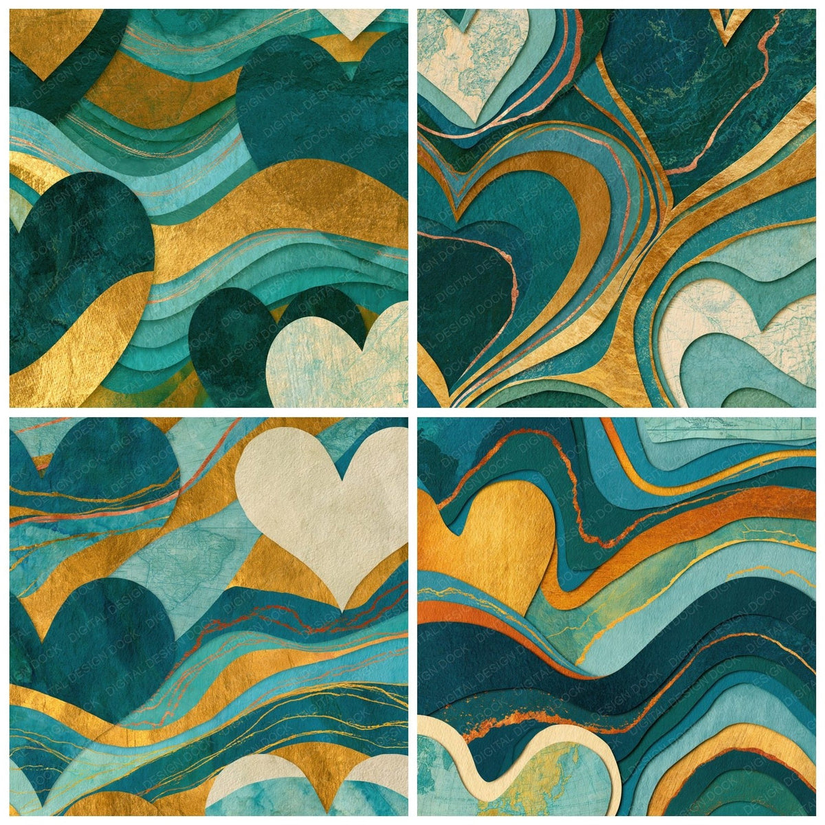 Papercut Hearts Jade Aqua Abstract Digital Paper Pack (DDD018515)