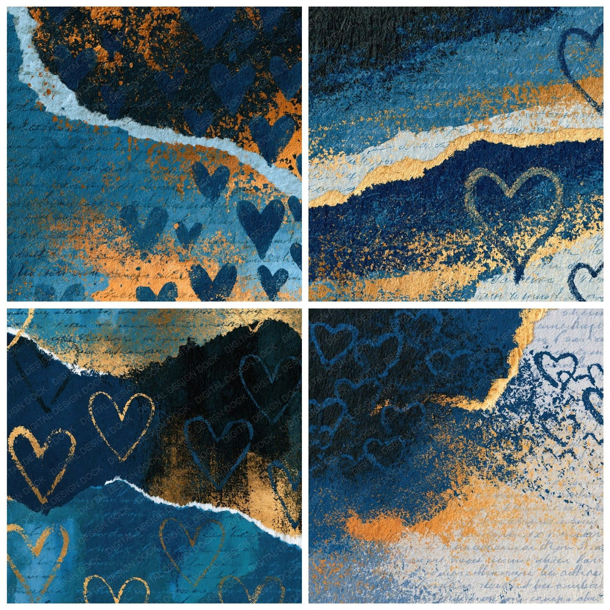Torn Paper Hearts Sapphire Pearl Abstract Digital Paper Pack (DDD018522)