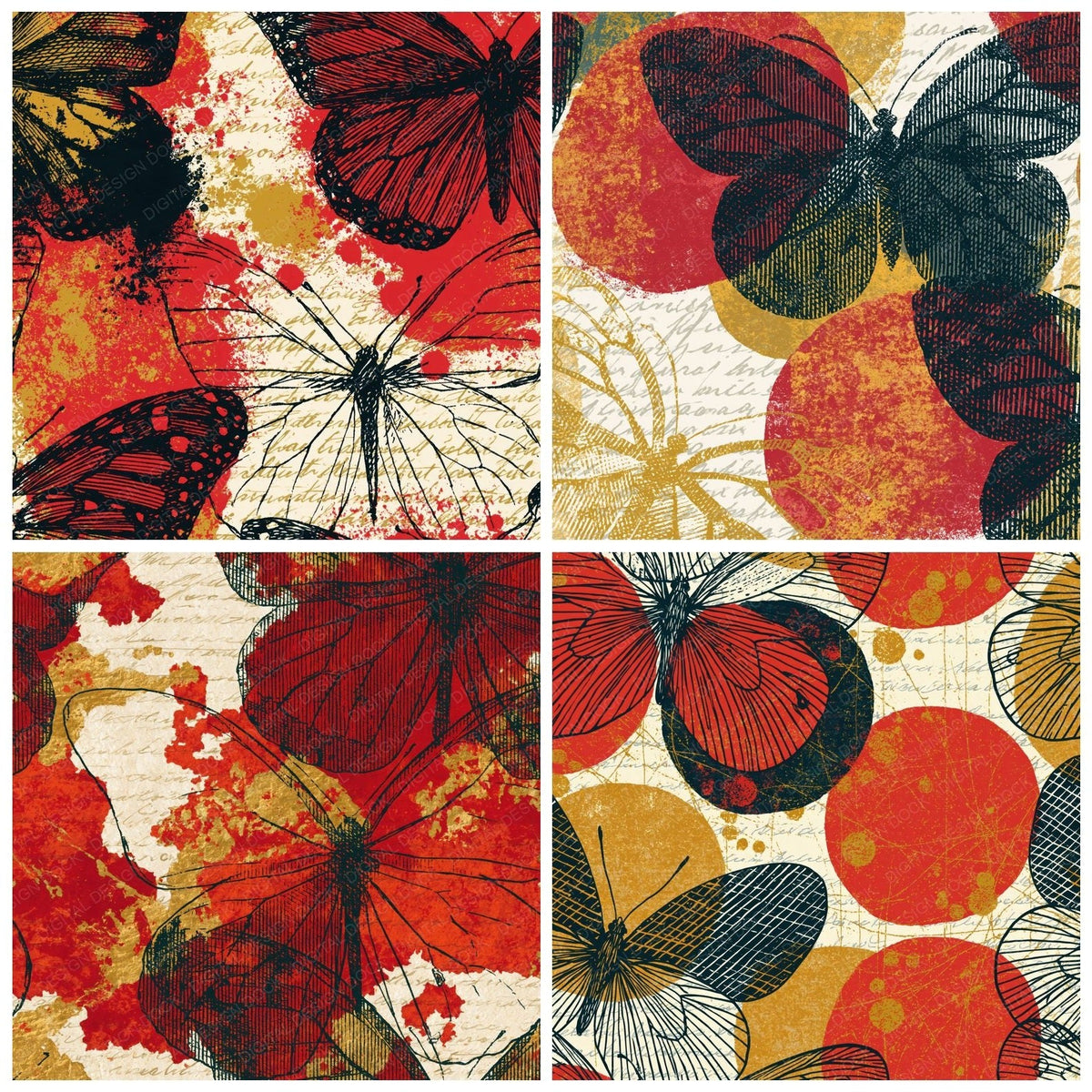 Cross Hatch Butterfly Outlines Red Gold Digital Paper Pack (DDD018548)