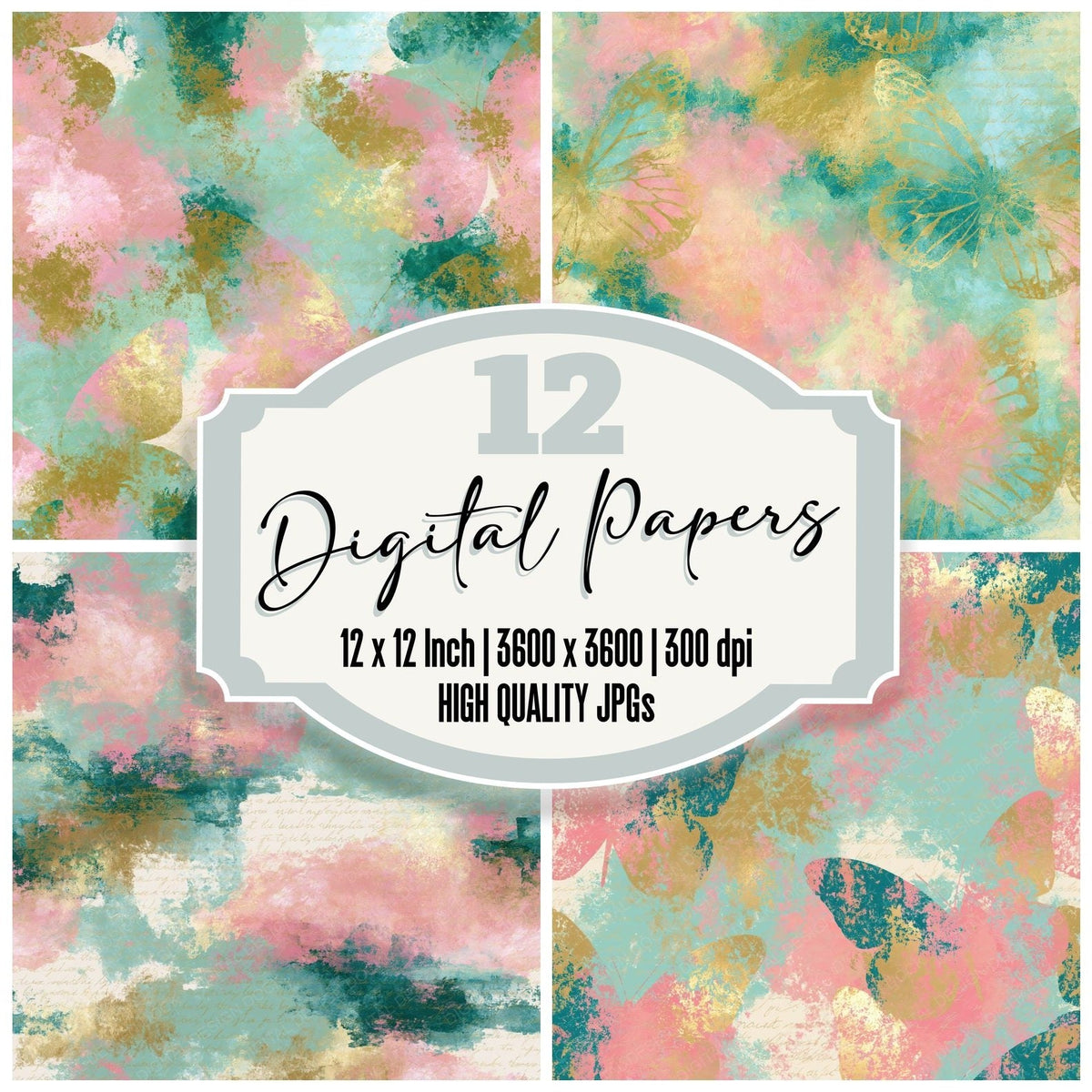 Impressionist Butterfly Outlines Pink Mint Abstract Digital Paper Pack (DDD018551)