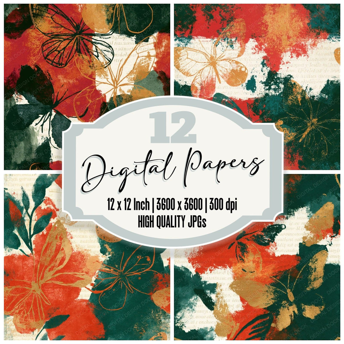Sumi-e Butterfly Outlines Pine Crimson Seamless Digital Paper Pack (DDD018562)