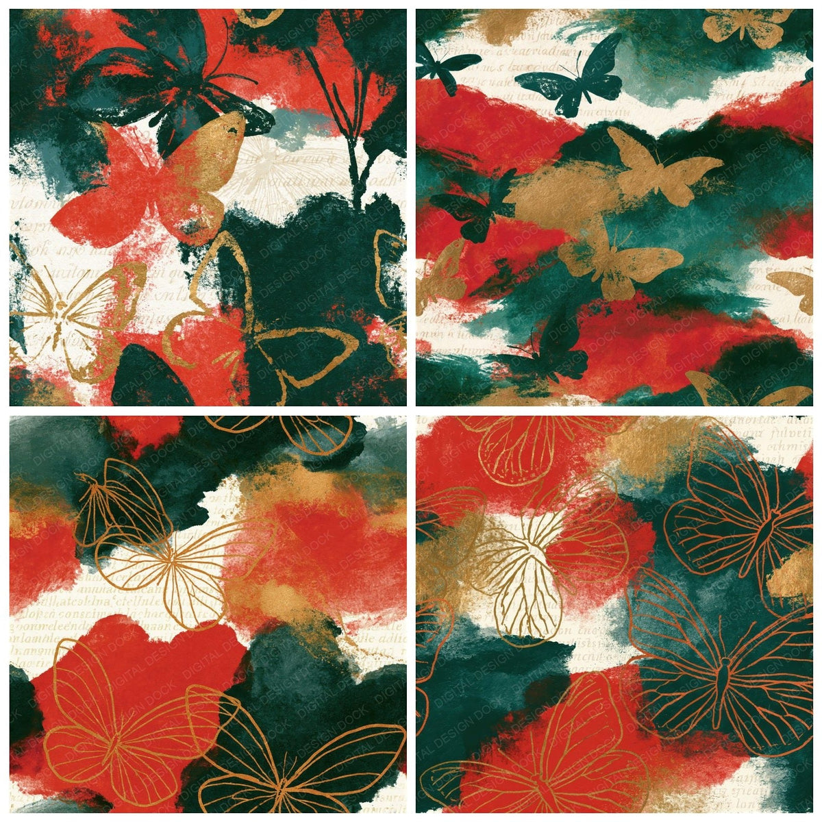 Sumi-e Butterfly Outlines Pine Crimson Seamless Digital Paper Pack (DDD018562)