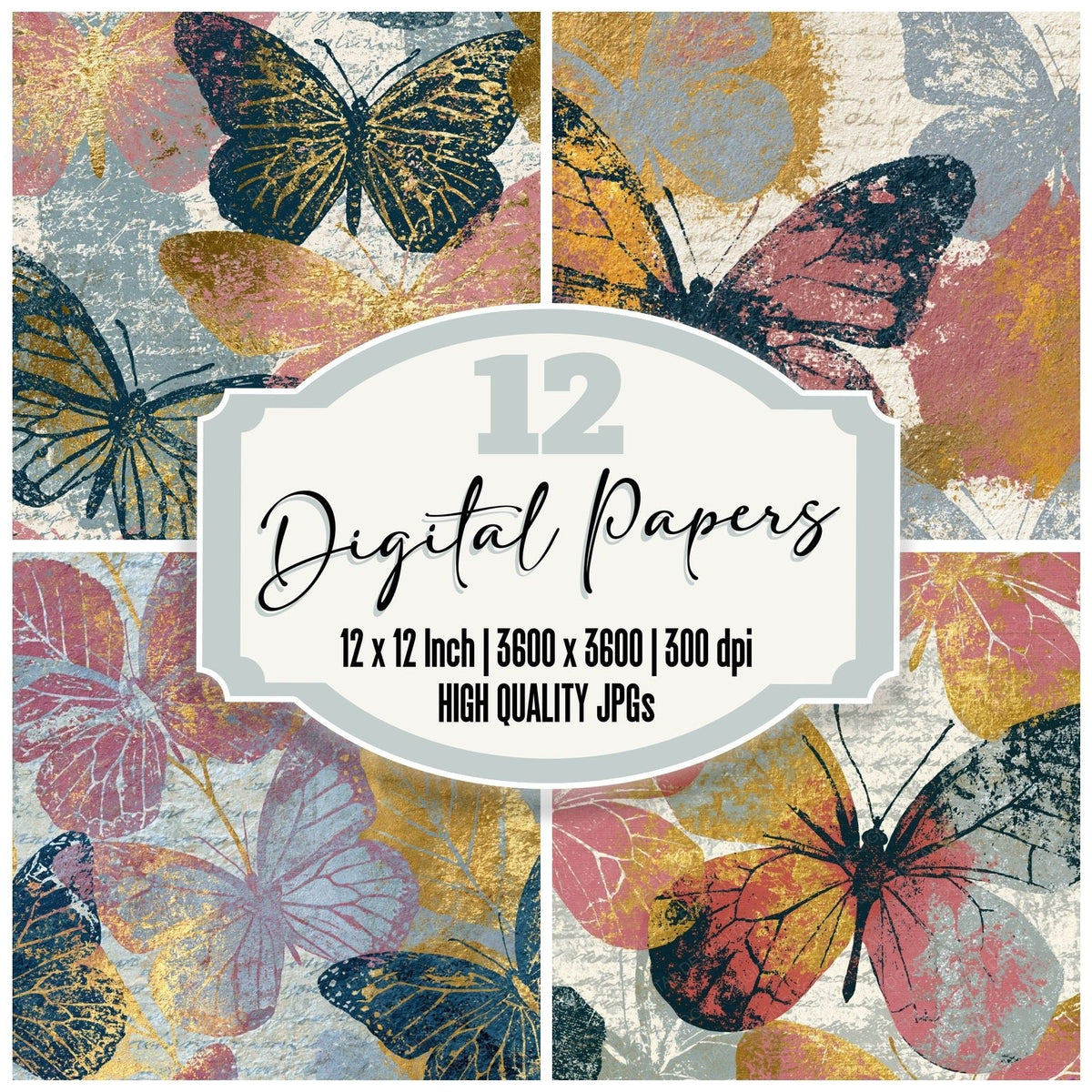 Tintype Butterfly Outlines Mist Rose Digital Paper Pack (DDD018563)