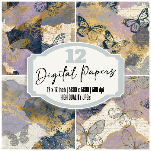 Antique Map Butterfly Lavender Bone digital paper pack cover showing four of the 12 papers