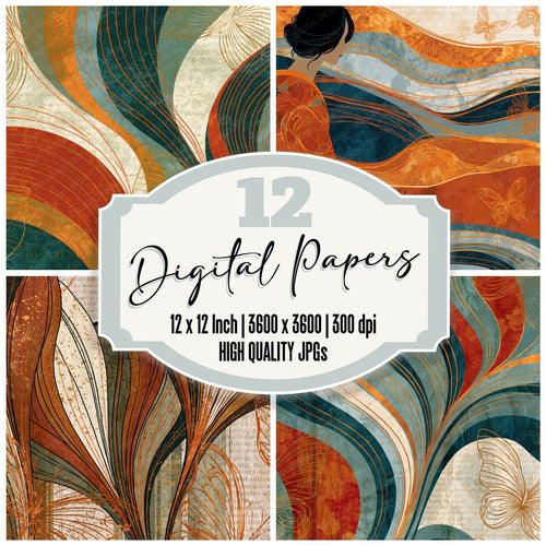 Art Deco Butterfly Outlines Copper Oyster digital paper pack cover showing four of the 12 papers