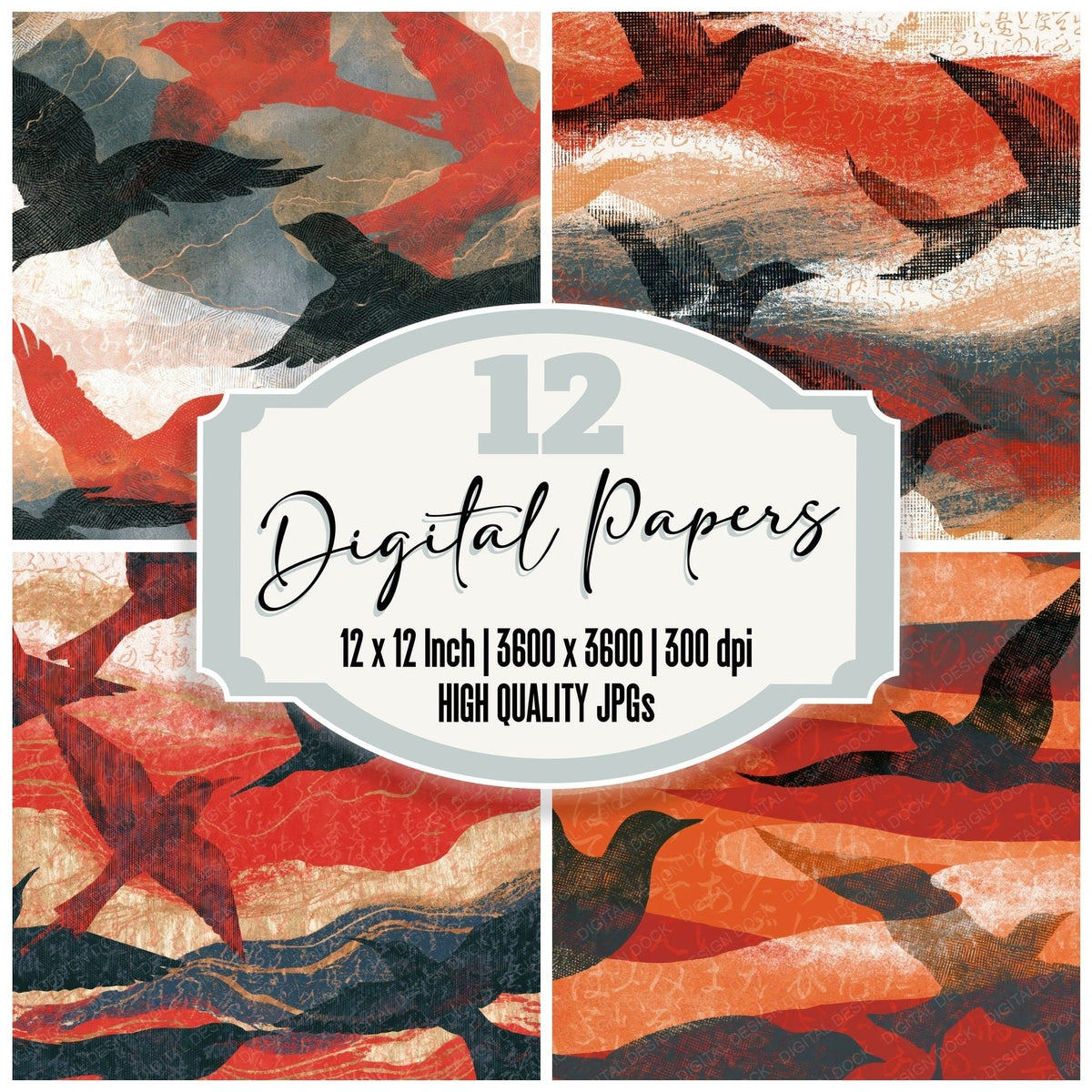 Cross Hatch Bird Outlines Crimson Coal Digital Paper Pack (DDD018569)